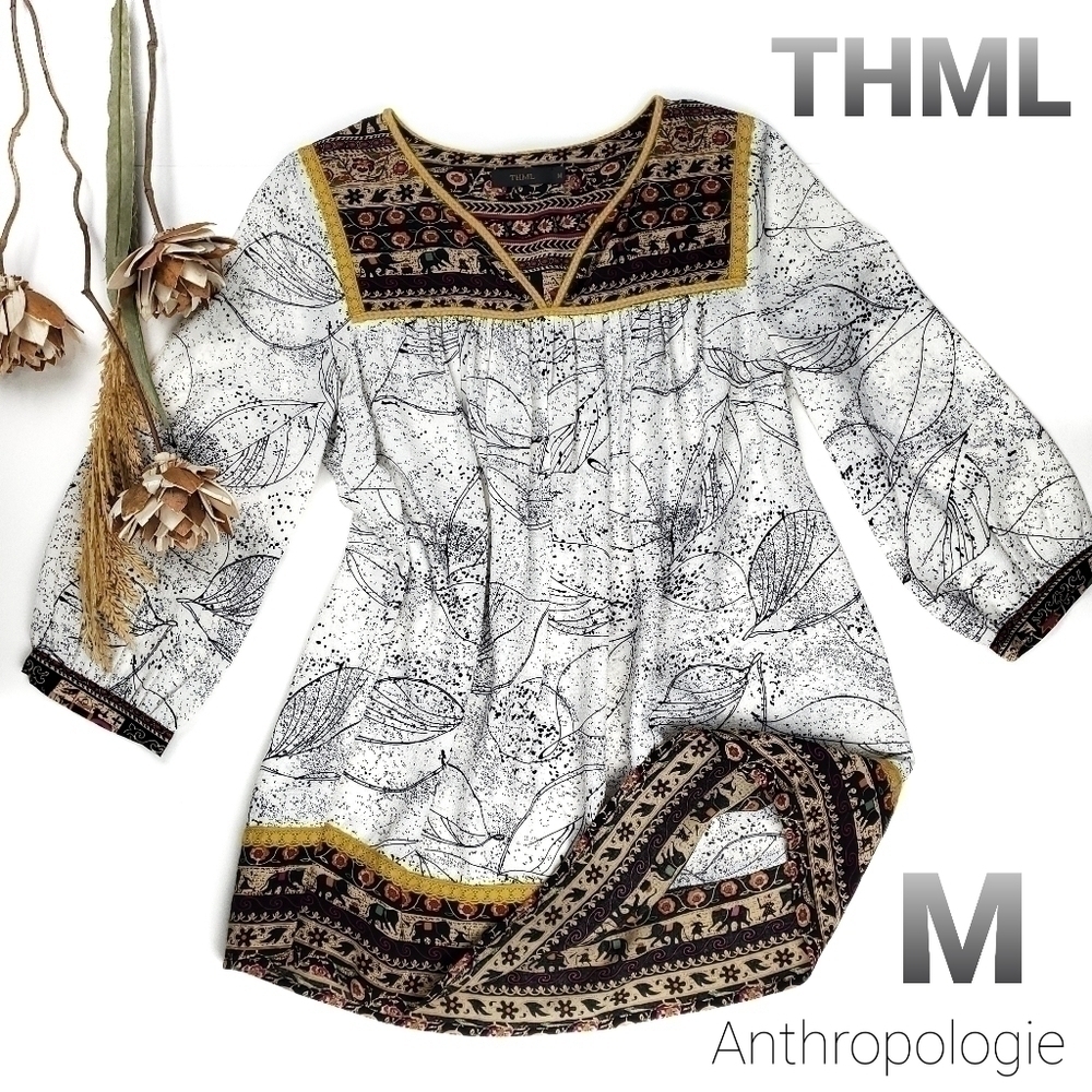 New THML Anthropologie White Blk Boho Yellow Top M